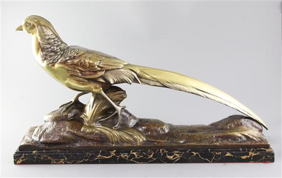 R. Pollin. A French Art Deco patinated bronze model of a pheasant, width 26in.